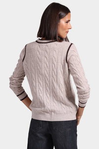 MINNIE ROSE-Cashmere Mixed Stitch Cardigan with Tipping Ecru/Chocolate