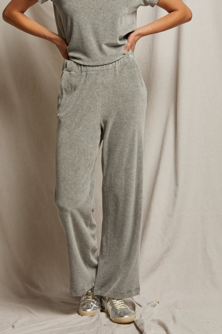 PEFERCT WHITE TEE-Holly Velour Wide Leg Sweat Pant Heather Gray