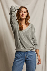 PEFERCT WHITE TEE-Ember Velour Vneck Sweatshirt Heather Gray