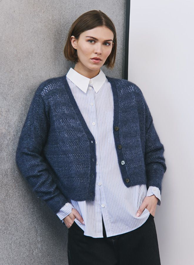 AUTUMN CASHMERE-Fancy Stitch V Neck Cardigan Denim