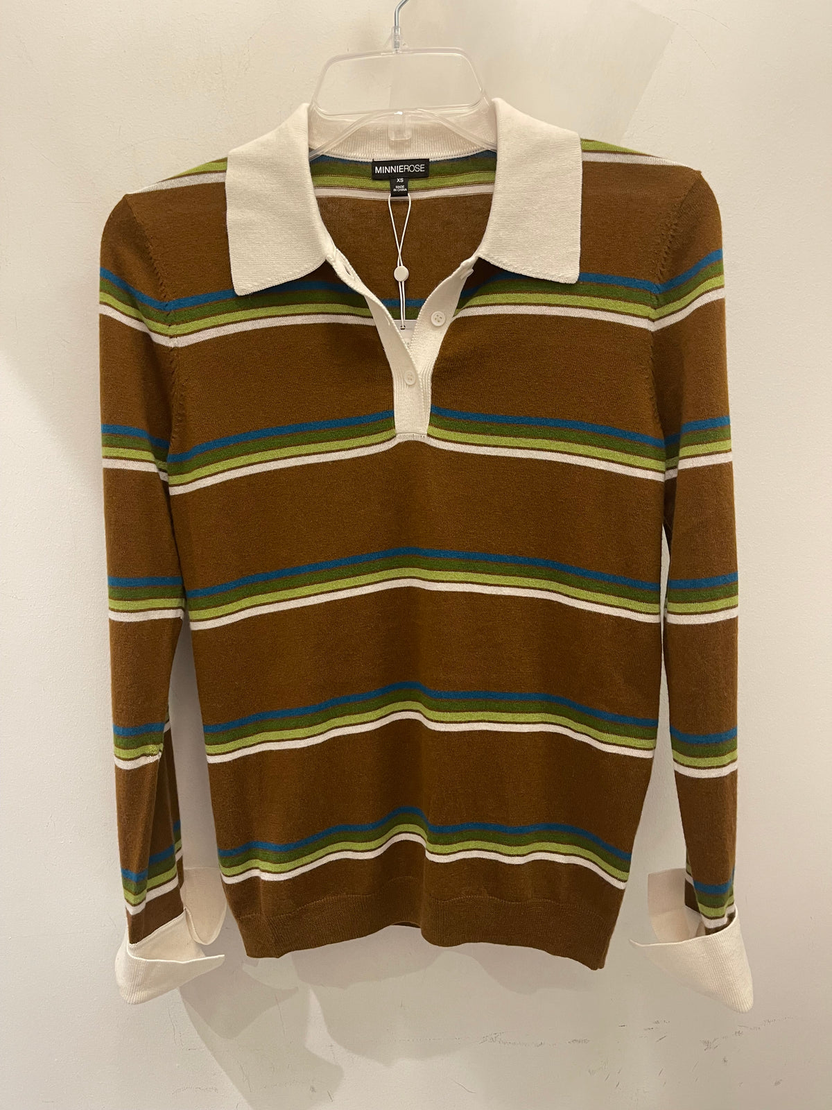 MINNIE ROSE-Cotton Cashmere Striped Long Sleeve Collared Polo Foxtail Combo