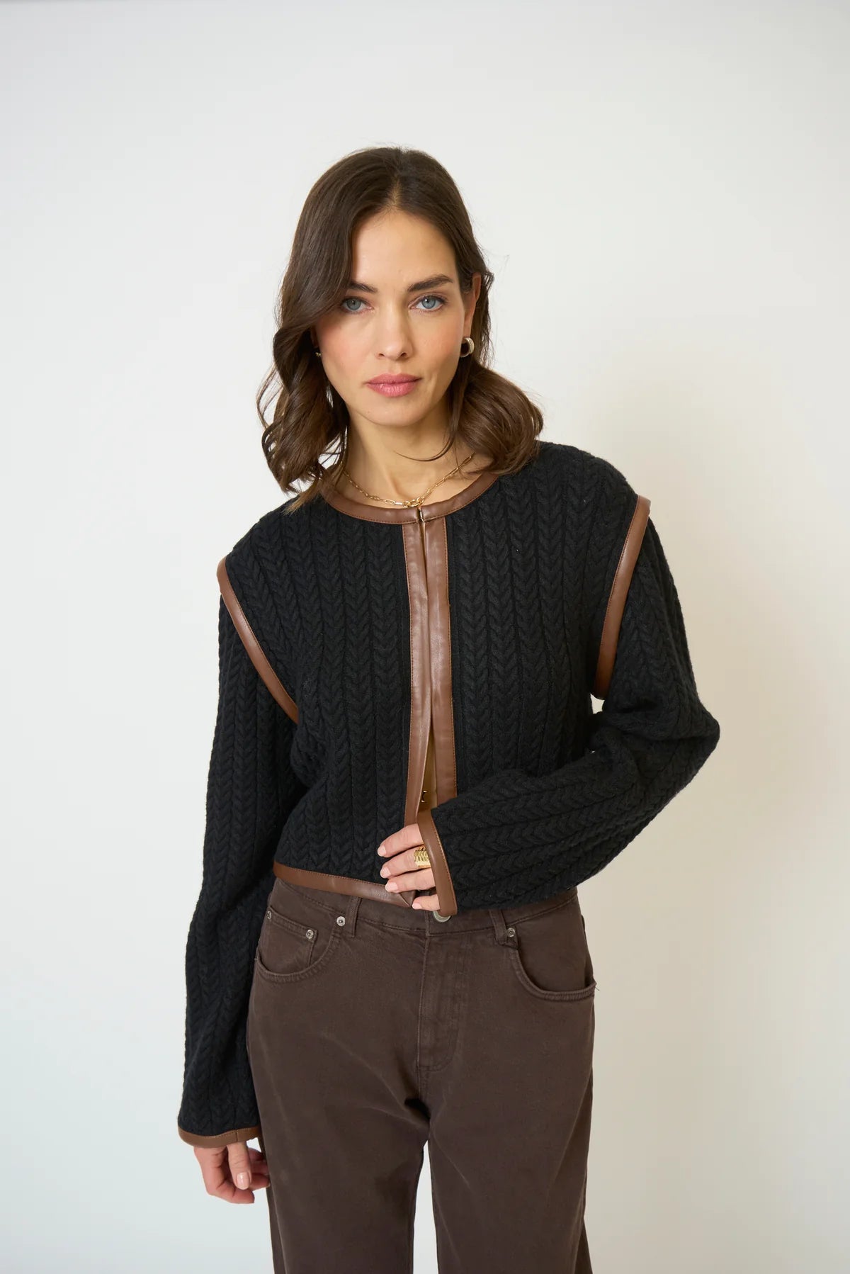 CENTRAL PARK WEST-Atlas Leather Trim Cable Cardi Black Combo
