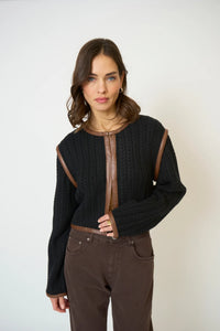 CENTRAL PARK WEST-Atlas Leather Trim Cable Cardi Black Combo