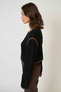 CENTRAL PARK WEST-Atlas Leather Trim Cable Cardi Black Combo