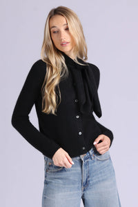 MINNIE ROSE-Cashmere Pointelle Tie Up Cardigan Black