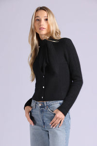 MINNIE ROSE-Cashmere Pointelle Tie Up Cardigan Black