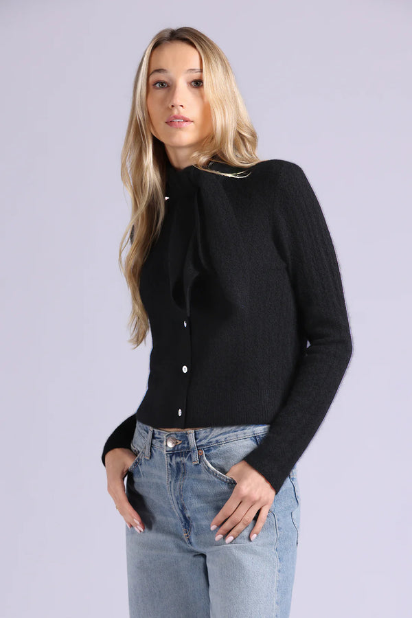 MINNIE ROSE-Cashmere Pointelle Tie Up Cardigan Black