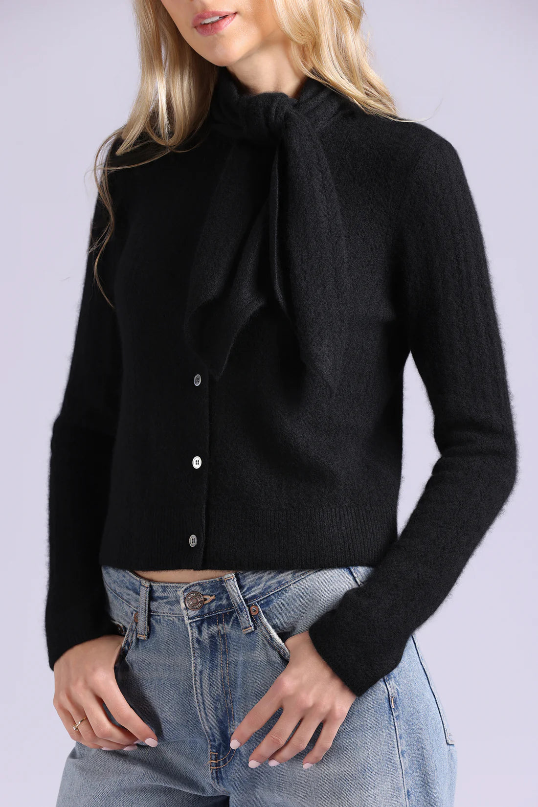 MINNIE ROSE-Cashmere Pointelle Tie Up Cardigan Black