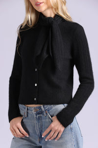 MINNIE ROSE-Cashmere Pointelle Tie Up Cardigan Black