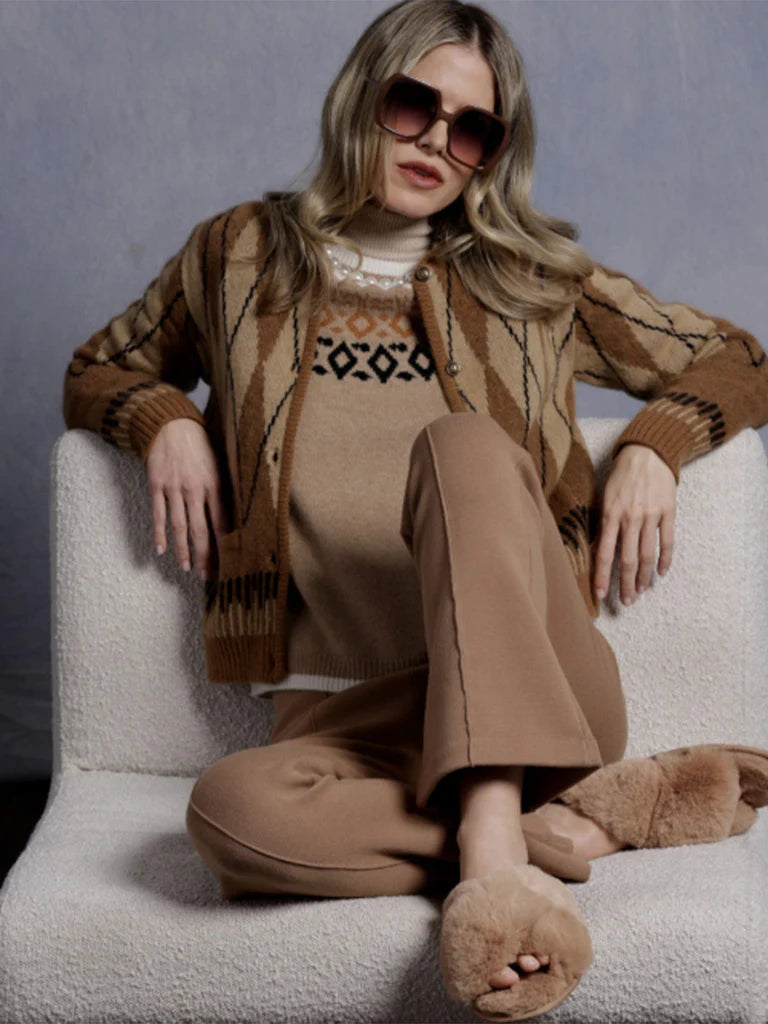 MINNIE ROSE-Cashmere Silk Argyle Crew Jacket Saddle Brown Combo