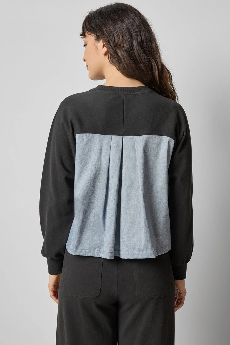 LILLA P-Chambray Pleat Back Crewneck Black