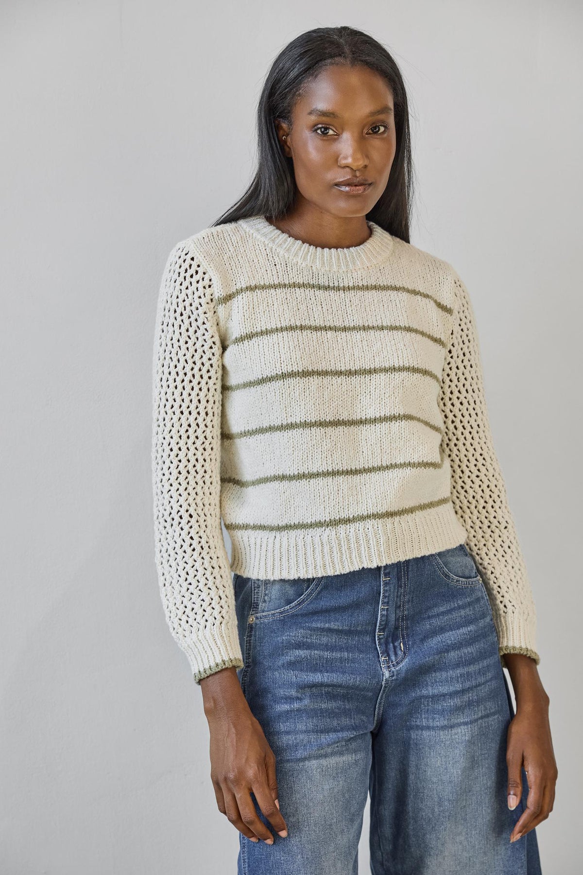 LILLA P-Textured Crewneck Sweater Sage/Ivory Stripe