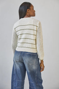 LILLA P-Textured Crewneck Sweater Sage/Ivory Stripe