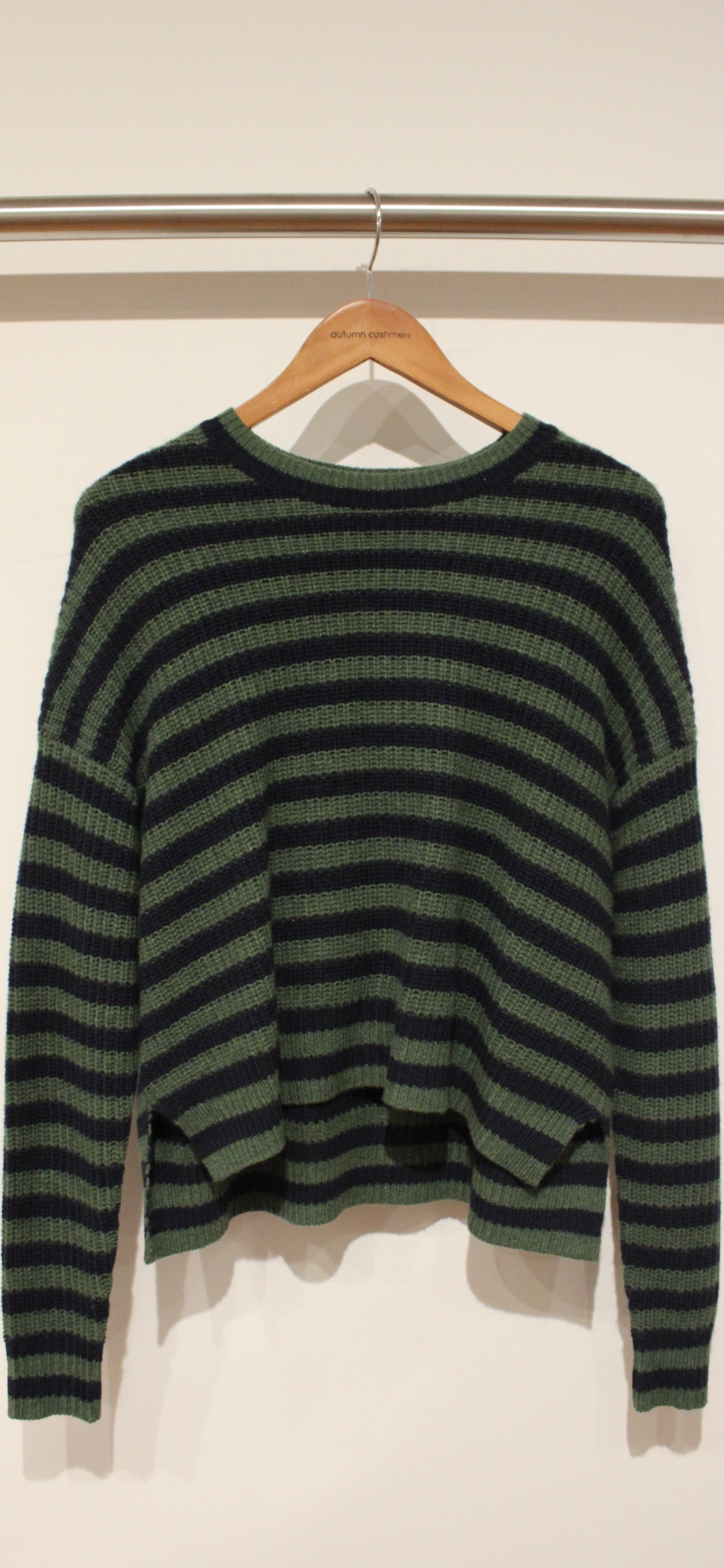 AUTUMN CASHMERE-6Ply Striped Shaker Crew Pickle/Navy