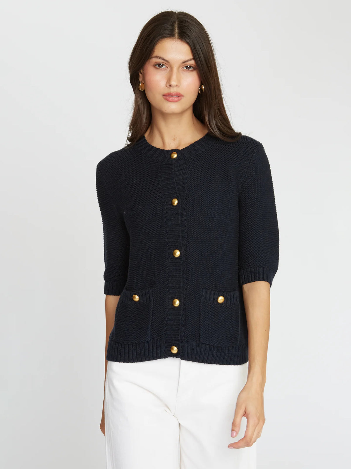 AUTUMN CASHMERE-Button Front Elbow Sleeve Jacket with Pockets Navy Blue