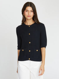 AUTUMN CASHMERE-Button Front Elbow Sleeve Jacket with Pockets Navy Blue