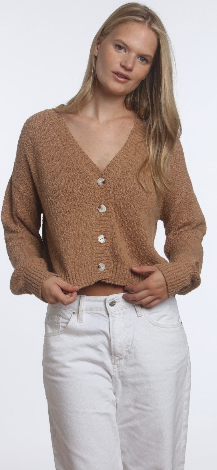 HASSON-Plaited Shaker V Neck Cardigan Tobacco/ Vanilla