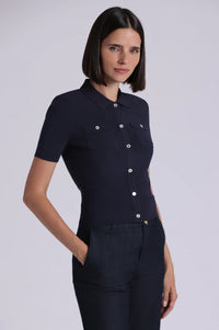 MINNIE ROSE-Viscose Short Sleeve Collard Shirt with Pockets Navy