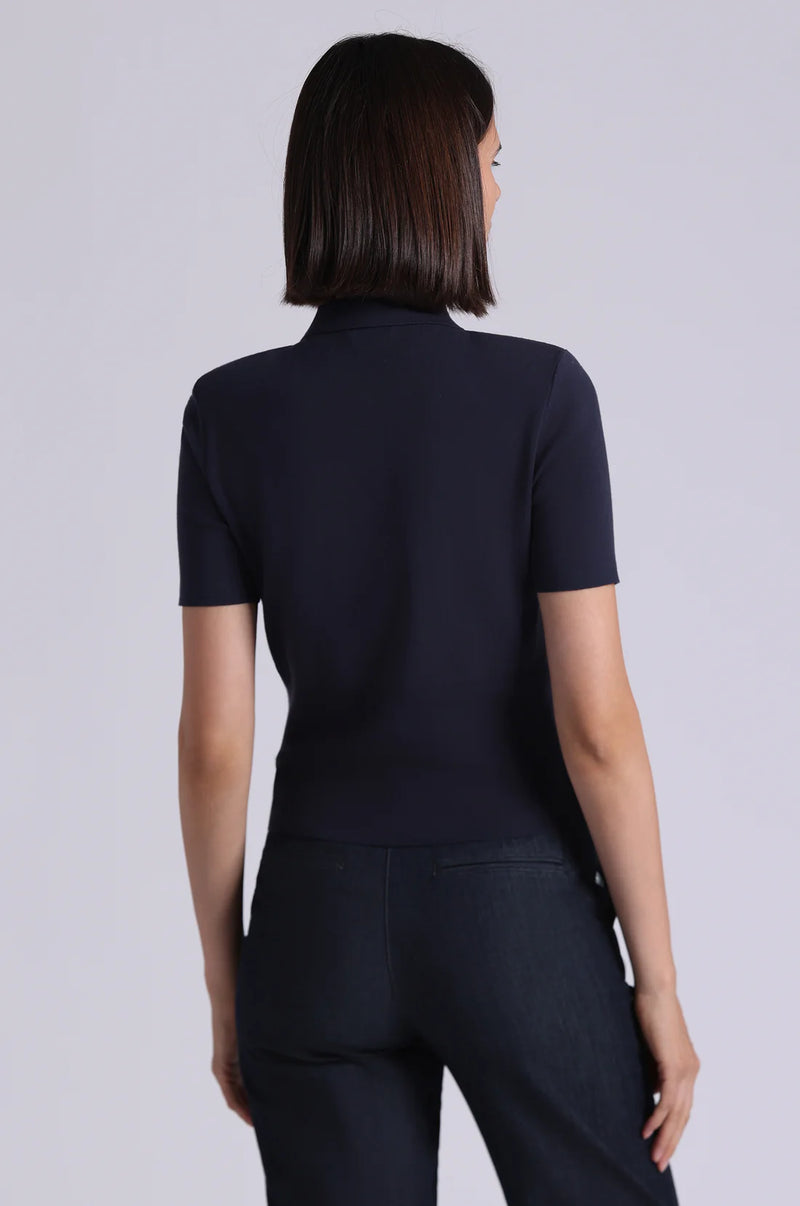 MINNIE ROSE-Viscose Short Sleeve Collard Shirt with Pockets Navy