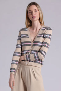 MINNIE ROSE-Cotton Cashmere Striped V Neck Cardigan Brown Sugar Combo