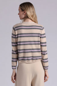 MINNIE ROSE-Cotton Cashmere Striped V Neck Cardigan Brown Sugar Combo