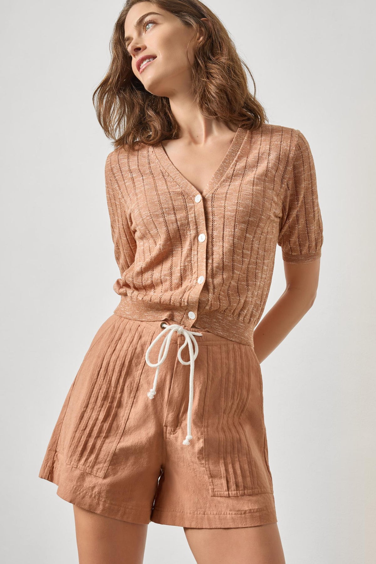 LILLA P-Open Stitch V-Neck Cardigan Coppertone