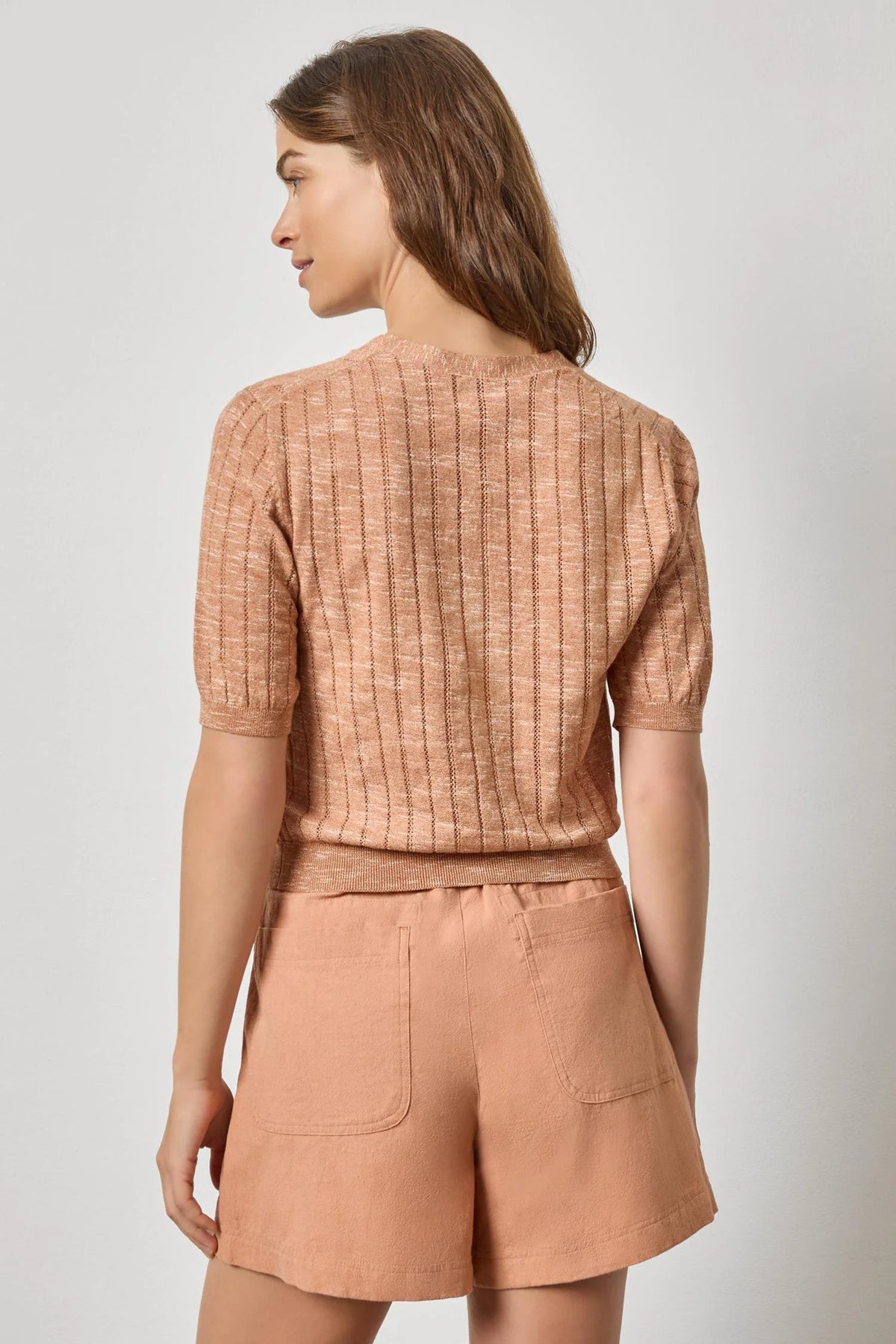 LILLA P-Open Stitch V-Neck Cardigan Coppertone