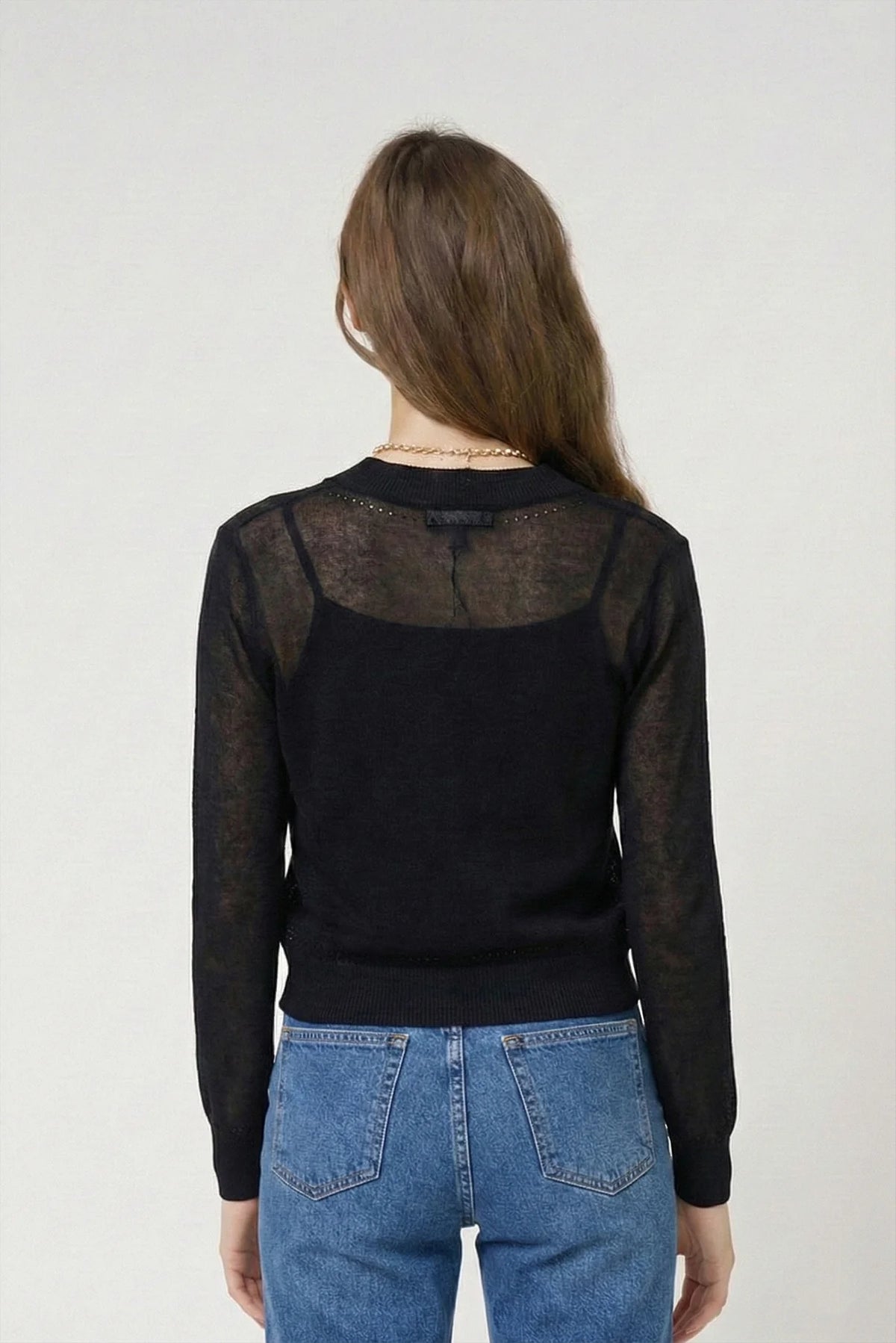 CENTRAL PARK WEST-Serena Sheer Pointelle Cardigan Black