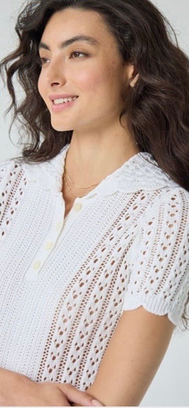 AUTUMN CASHMERE-Pointelle Wilde Collar Polo with Panel Bleach White