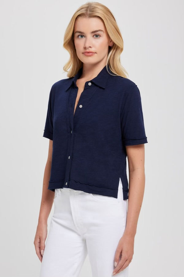 GOLDIE-Short Sleeve Cropped Shirt Navy