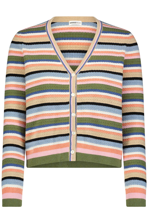 MINNIE ROSE-Cotton Cashmere Weekend Texture Stripe Cardi Multi Stripe