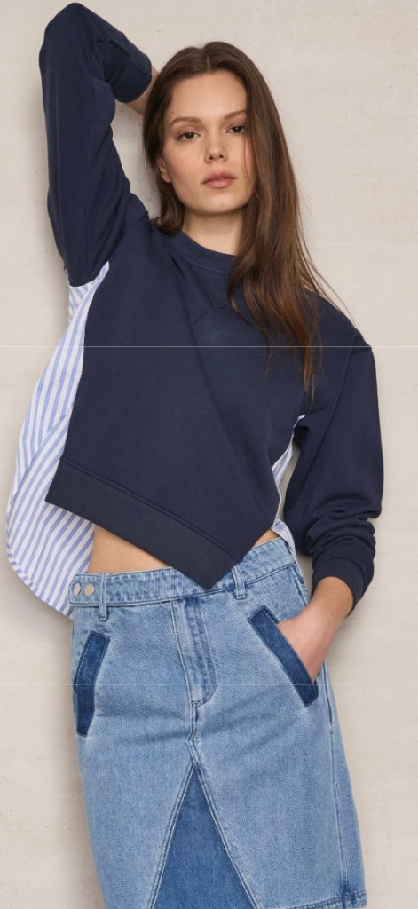 LAFATA-Mix Media Sweatshirt Navy + Blue Multi Stripe