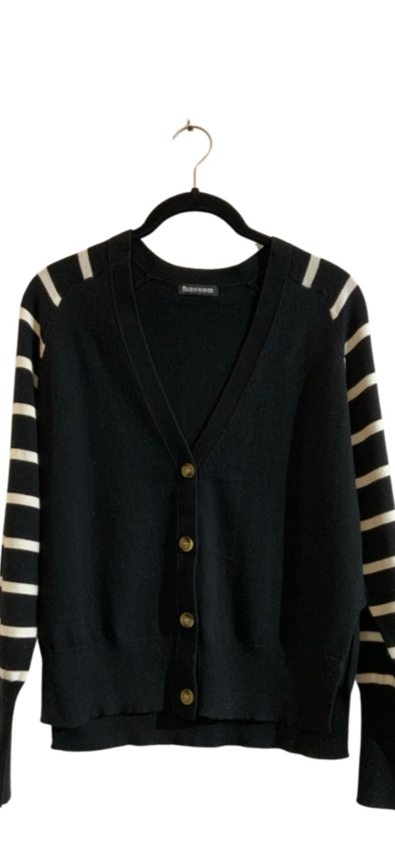 HASSON-Saddle SH Cardigan with Stripped Sleeve Black/White