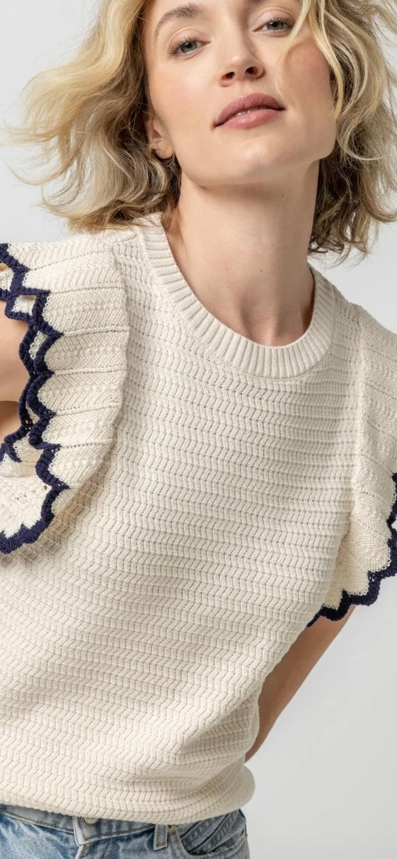 LILLA P-Tipped Sleeve Crewneck Sweater Ivory