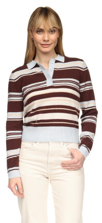 BRODIE-Slim Fit Stripey Polo Cocoa/Blue Mist Organic White Rice Camel