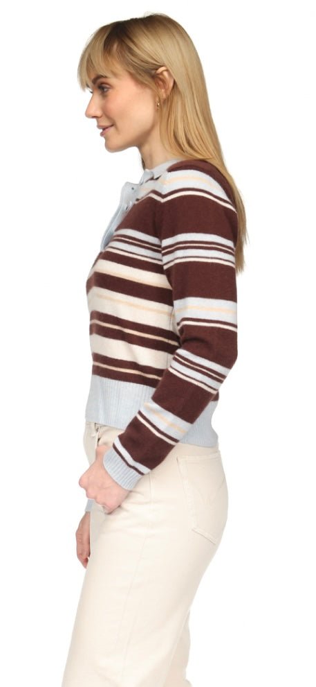BRODIE-Slim Fit Stripey Polo Cocoa/Blue Mist Organic White Rice Camel