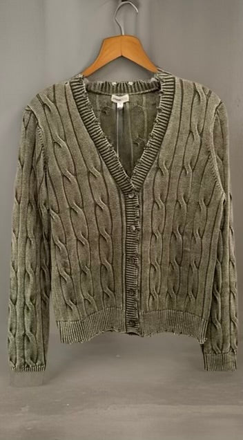 MINNIE ROSE-Cotton Stone Wash Distressed Cable Cardigan Garden Grove