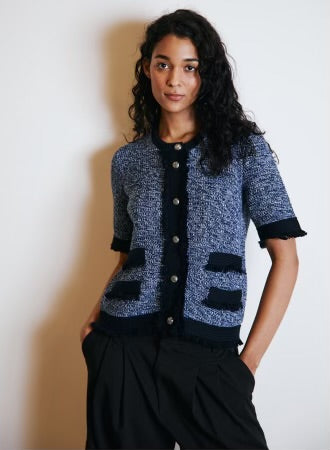 AUTUMN CASHMERE-Short Sleeve Fringe Trimmed Jacket Navy Blue Combo