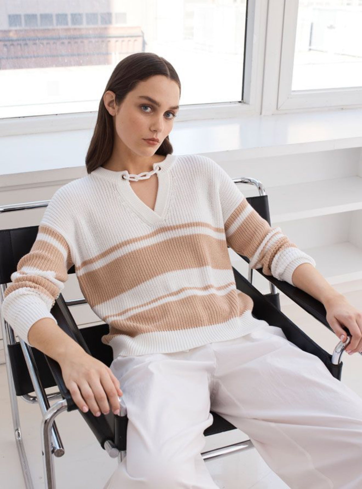 AUTUMN CASHMERE-Shaker Placement Stripe with Crochet Chain Detail Bleach White/Latte