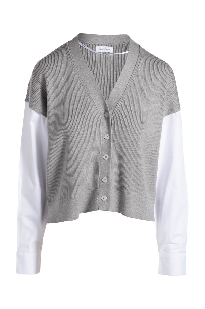 NAADAM-Cotton Cashmere and Cotton Gauze Mixed Media Cardigan Cement