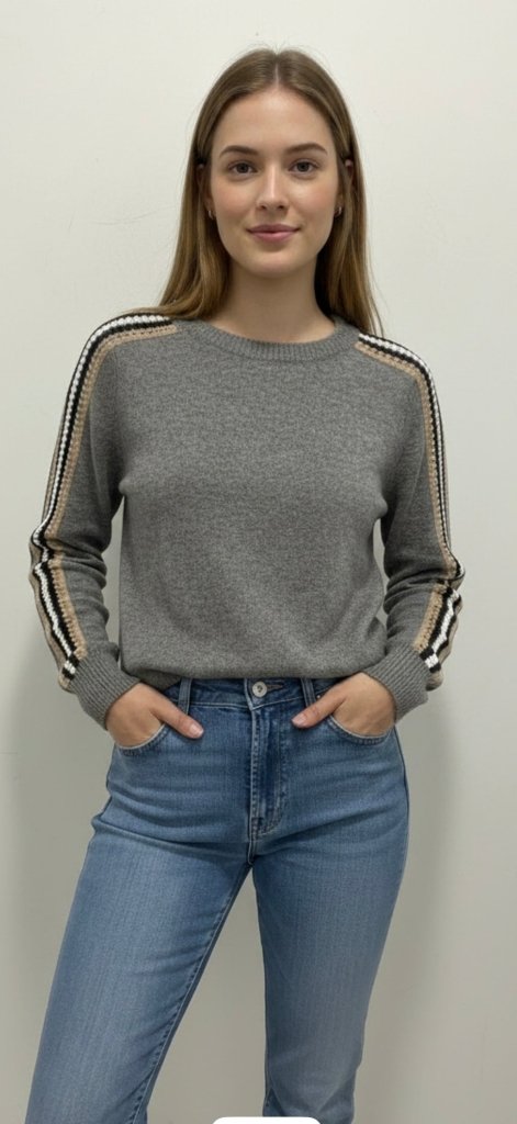 AUTUMN CASHMERE-Jersey Crew w/Chunky Racing Stripes Cement