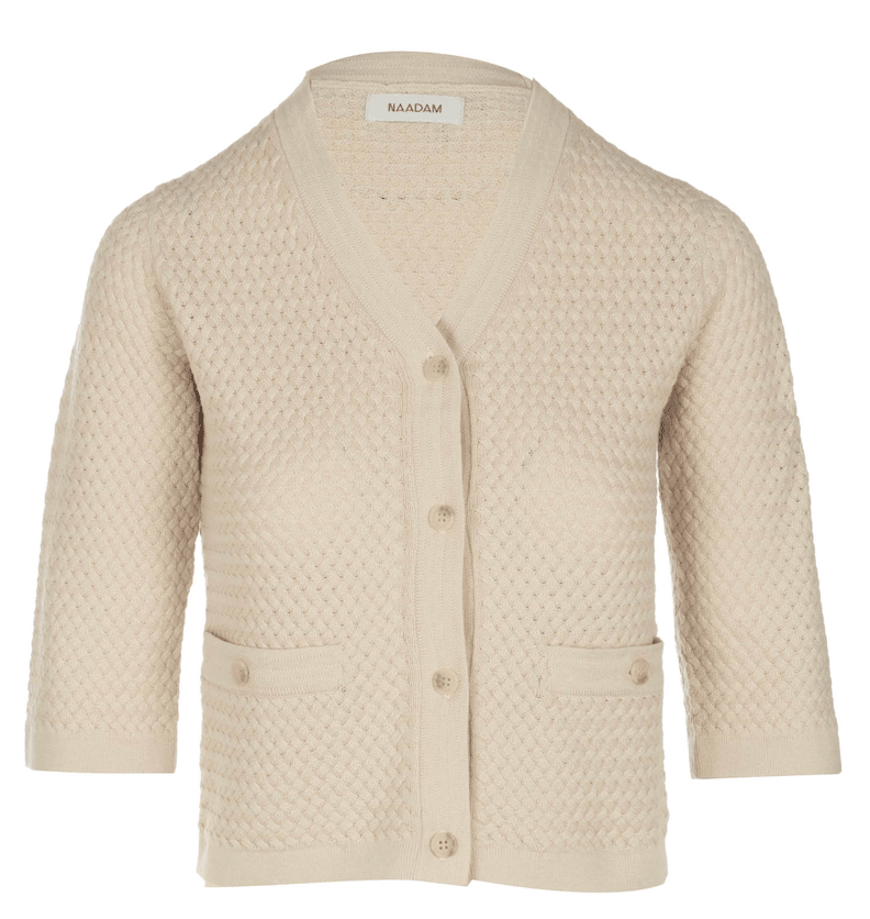 NAADAM-Cotton Cashmere Basketweave Short Sleeve Cardigan Ecru