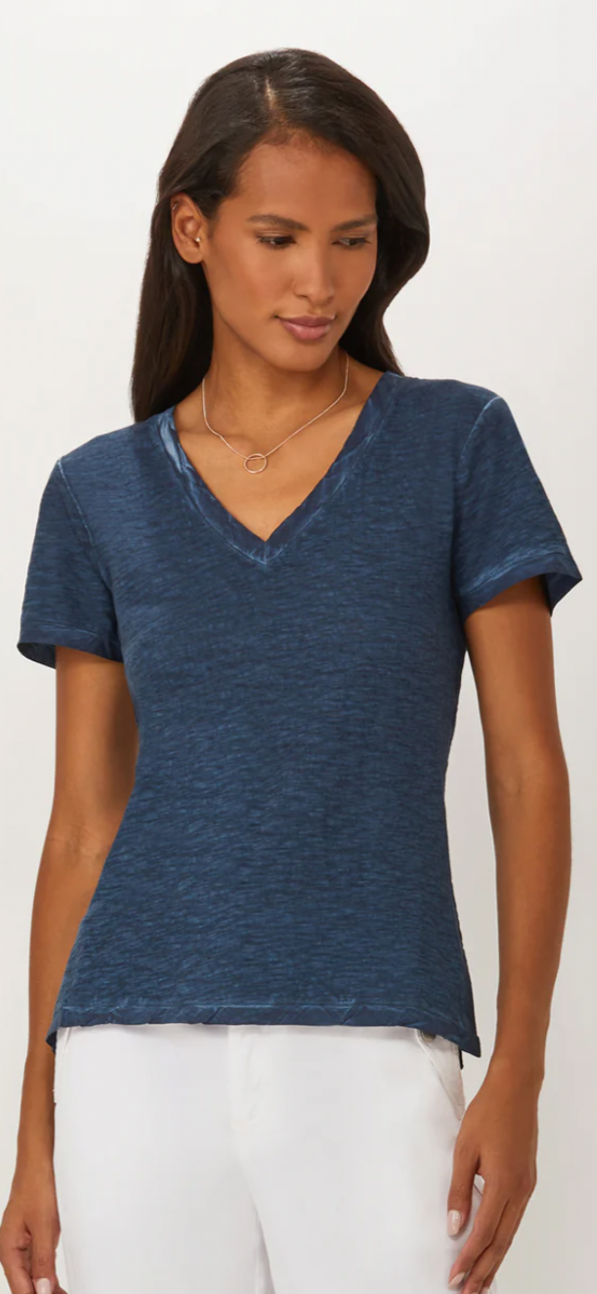 ECRU-V-Neck T with Woven Trim Navy