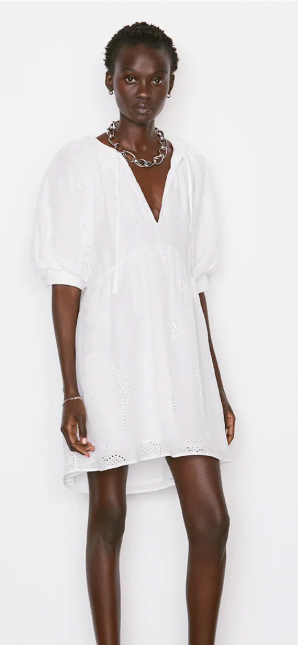 FRAME- Eyelet Puff Sleeve Dress Blanc